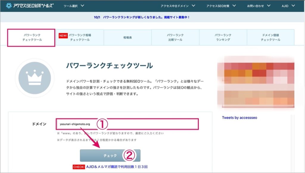 ドメイン入力-パワーランクチェックツール